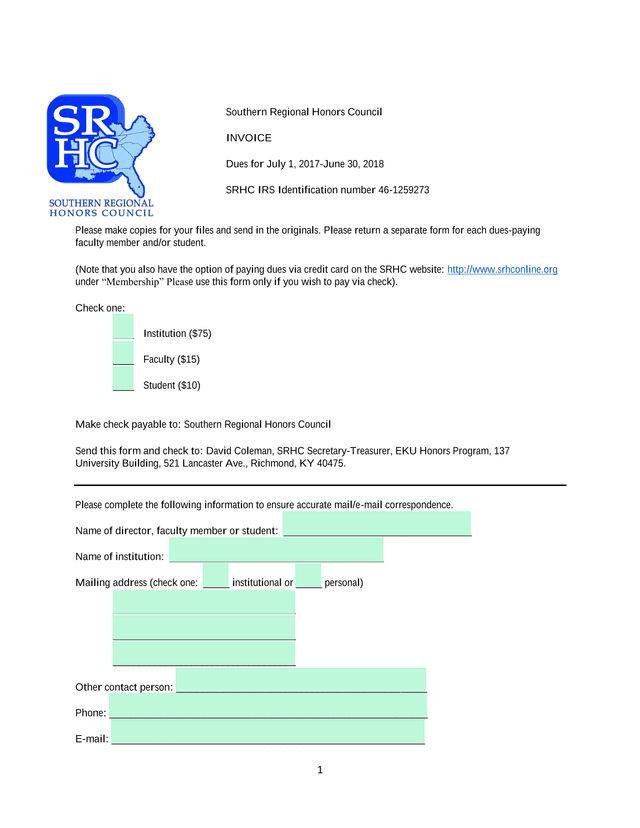 Southern Regional Honors Council Invoice screenshot