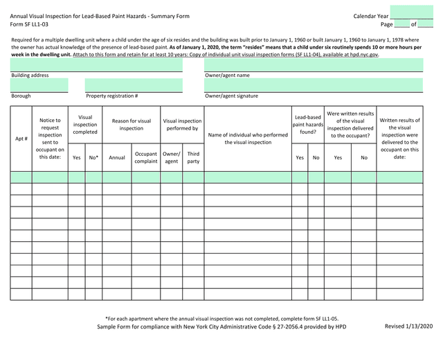 Annual Visual Inspection For Lead Based Paint Hazards   Summary Form screenshot