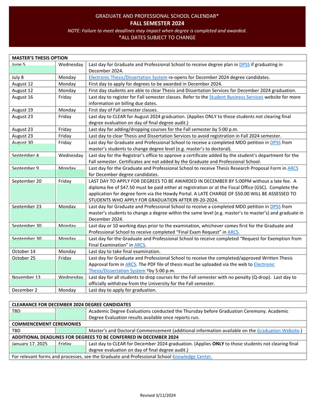Graduate And Professional School Calendar   Fall Semester 2024 screenshot