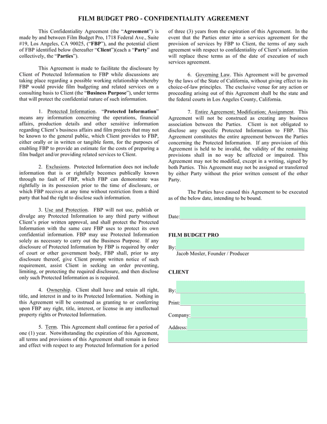 Film Budget Pro   Confidentiality Agreement screenshot