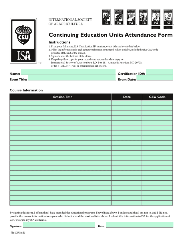 SPECIALIST CLIMBER Continuing Education Units Attendance Form screenshot