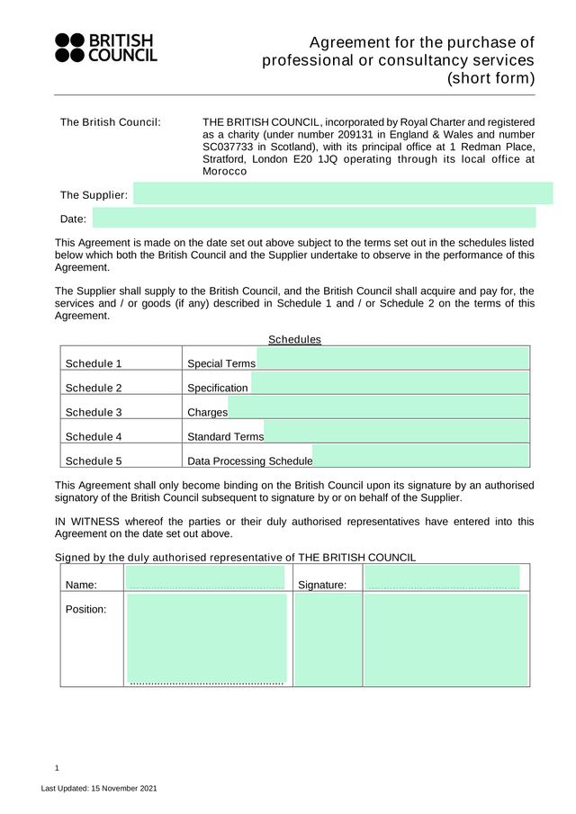 Agreement For The Purchase Of Professional Or Consultancy Services (Short Form) screenshot