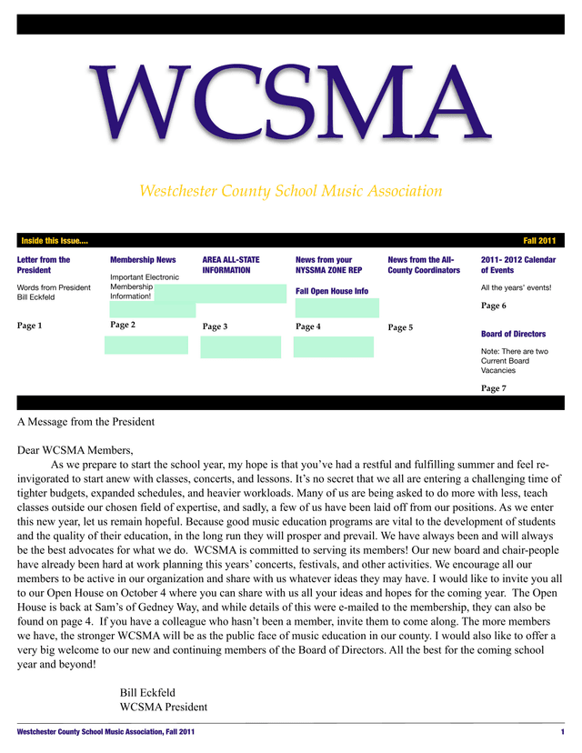 Westchester County School Music Association Newsletter, Fall 2011 screenshot