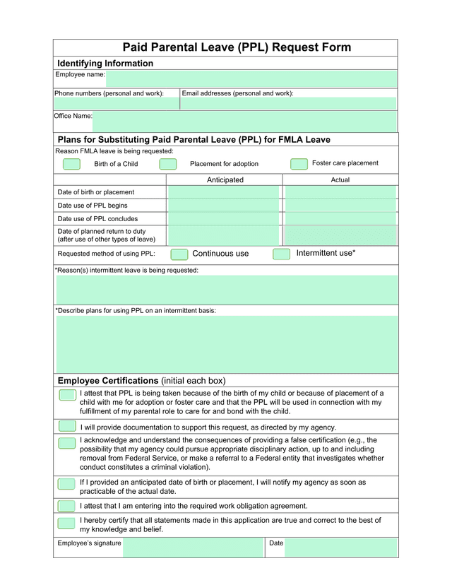 Paid Parental Leave (PPL) Request Form screenshot