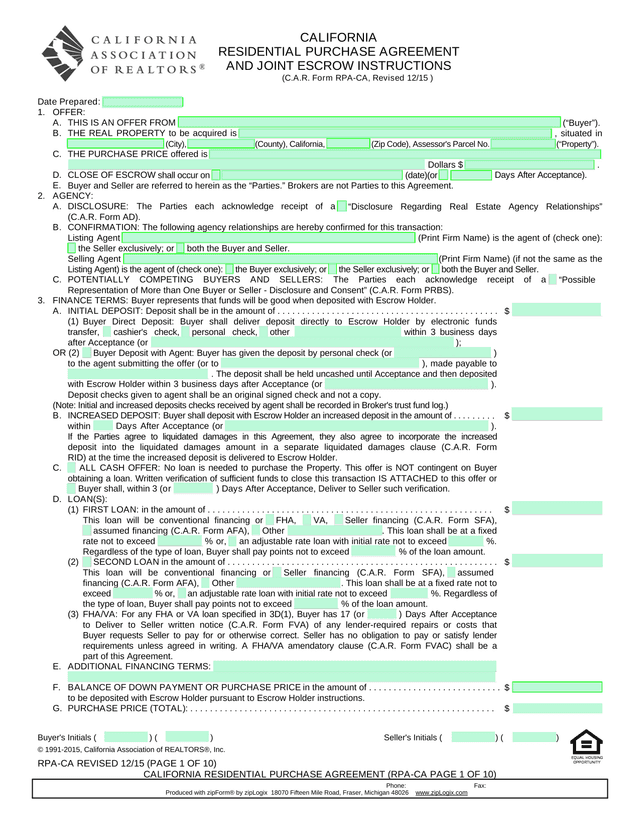 California Residential Purchase Agreement And Joint Escrow Instructions screenshot