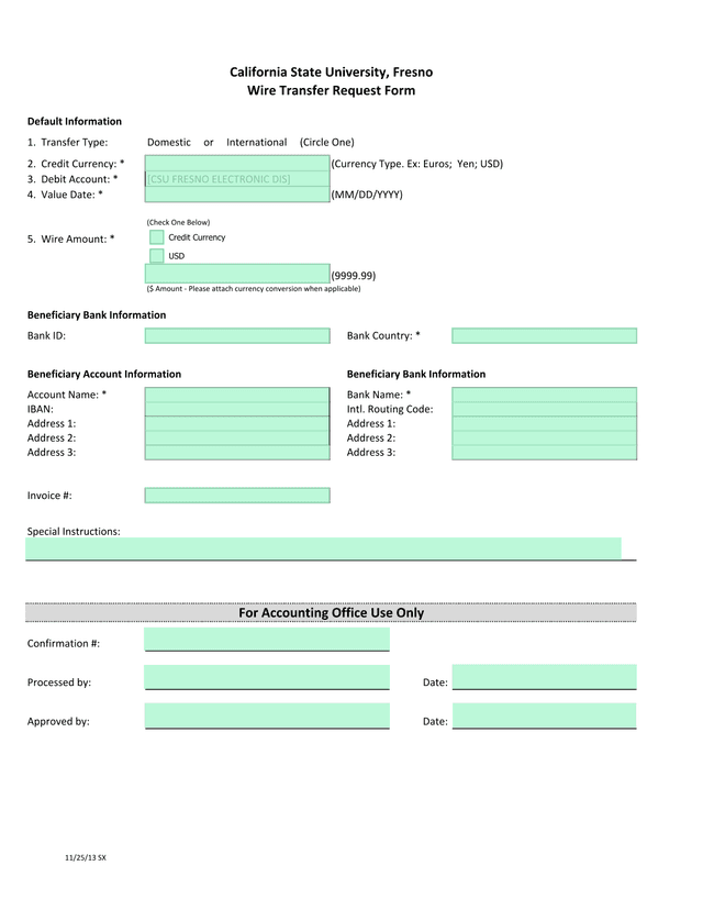 Wire Transfer Request Form screenshot