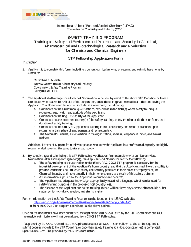 IUPAC Safety Training Program Fellowship Application Form screenshot