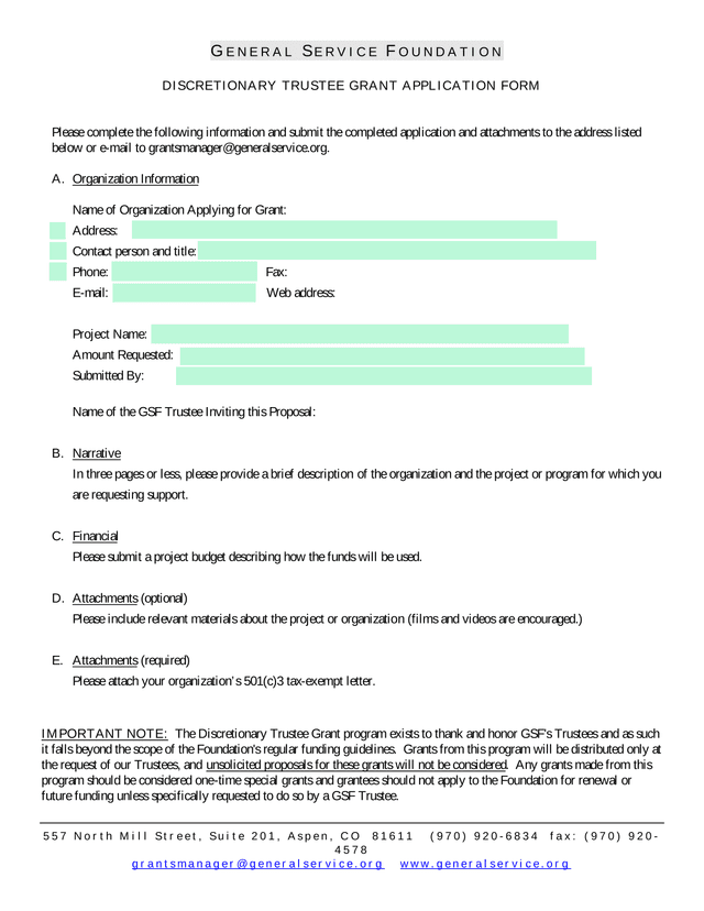 Discretionary Trustee Grant Application Form screenshot