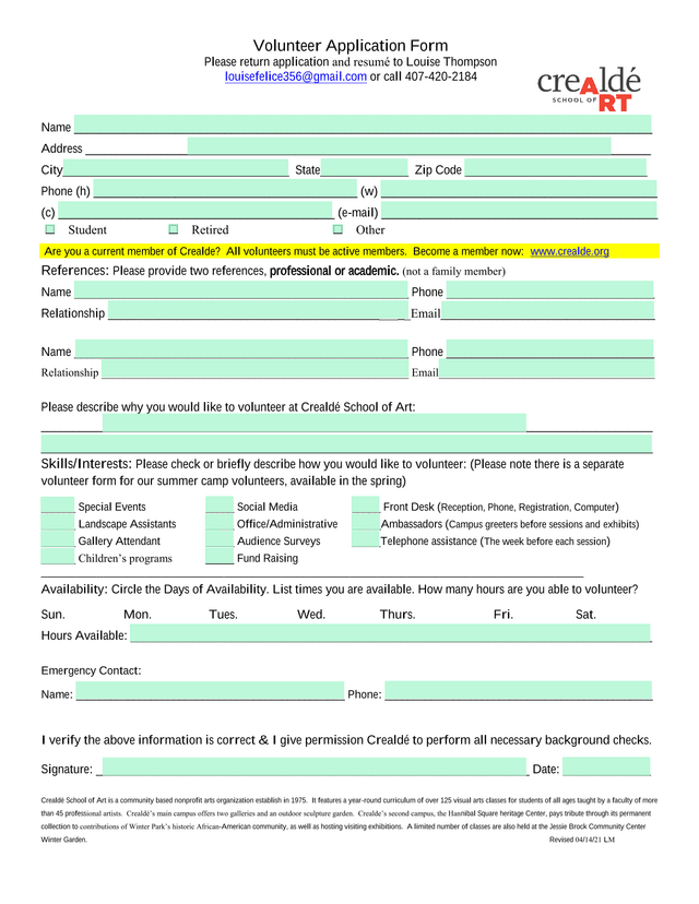 Creald School Of Art Volunteer Application screenshot