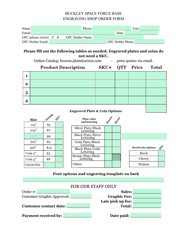 Buckley Space Force Base Engraving Shop Order Form screenshot