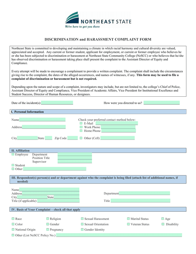 Discrimination And Harassment Complaint Form screenshot