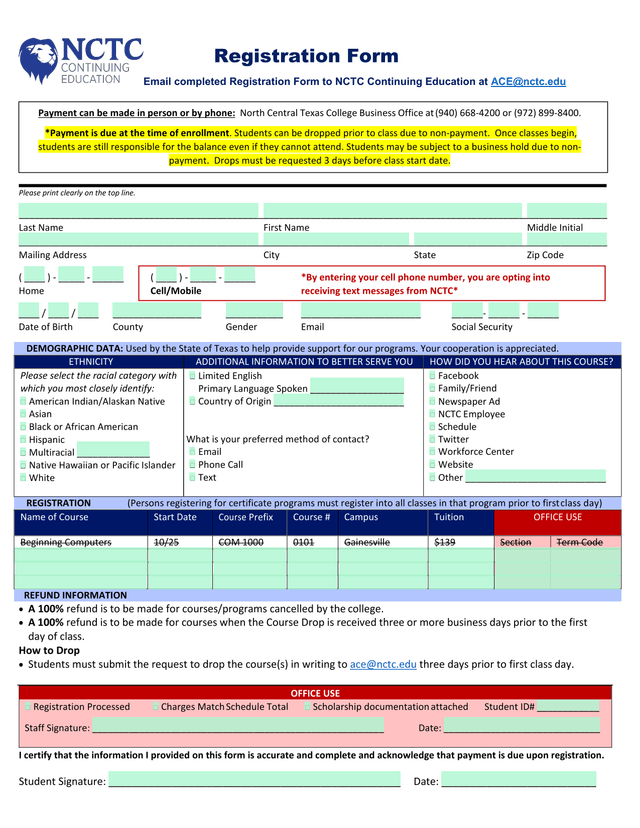NCTC Continuing Education Registration Form screenshot