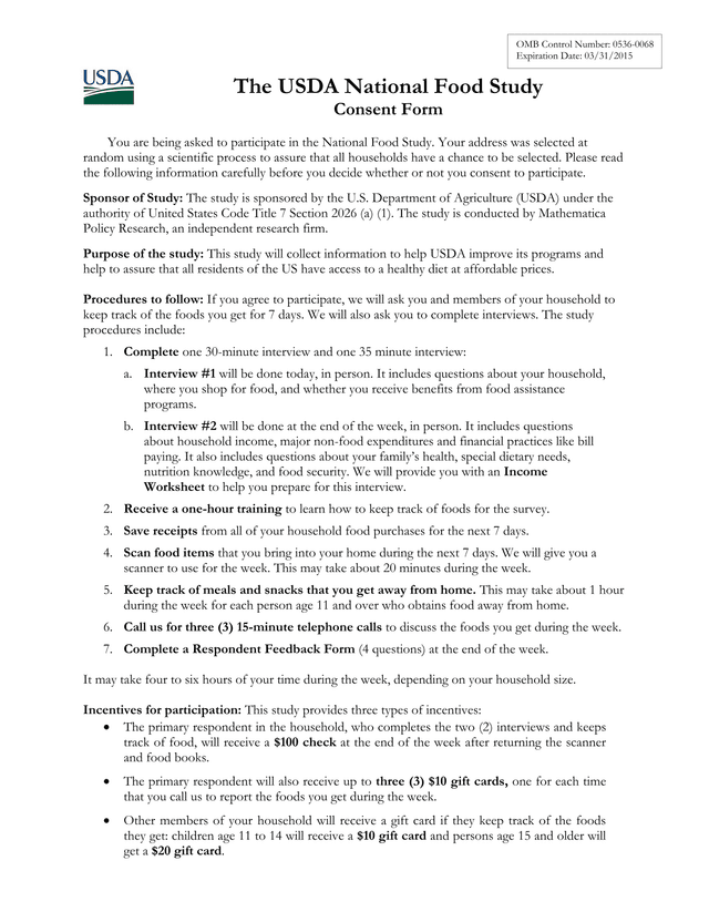 USDA National Food Study Consent Form screenshot