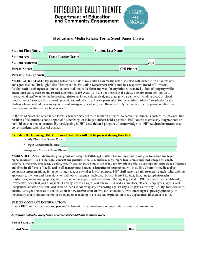 Medical And Media Release Form Scout Dance Classes screenshot