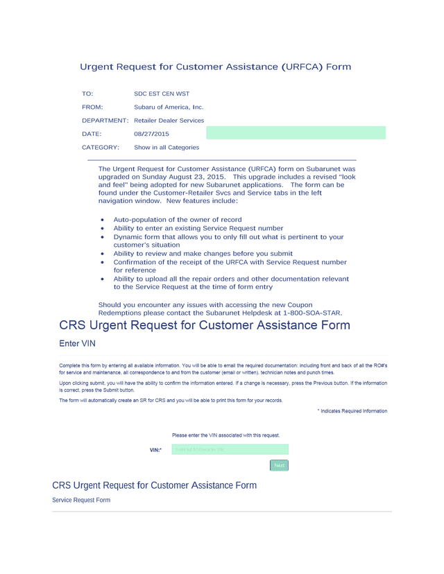 Urgent Request For Customer Assistance (URFCA) Form screenshot