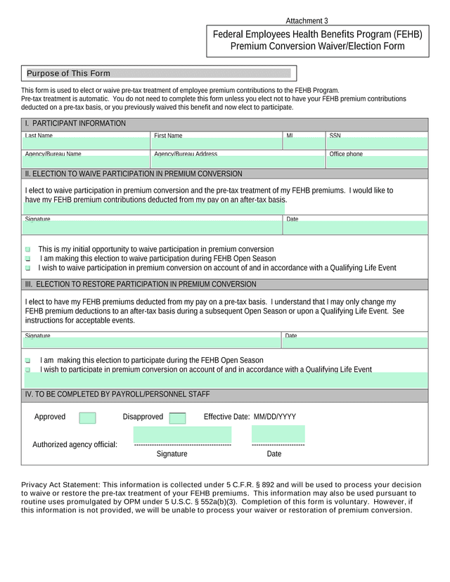 FEHB Premium Conversion Election Form screenshot