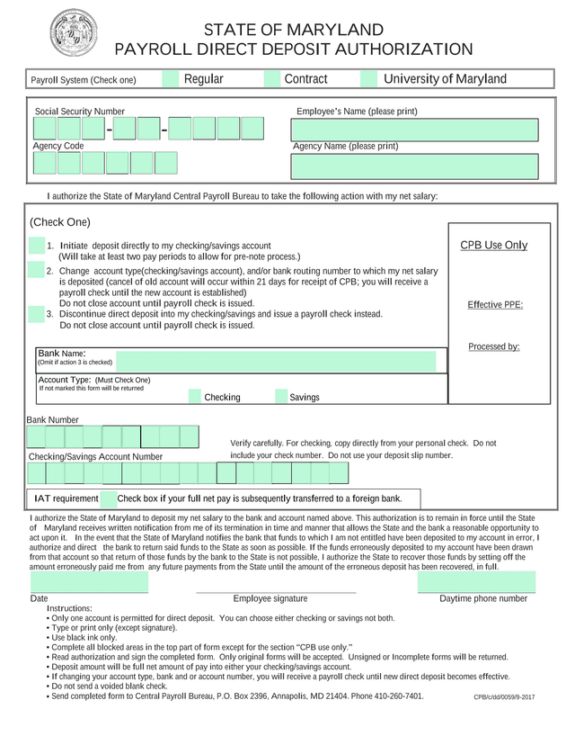 STATE OF MARYLAND PAYROLL DIRECT DEPOSIT AUTHORIZATION screenshot