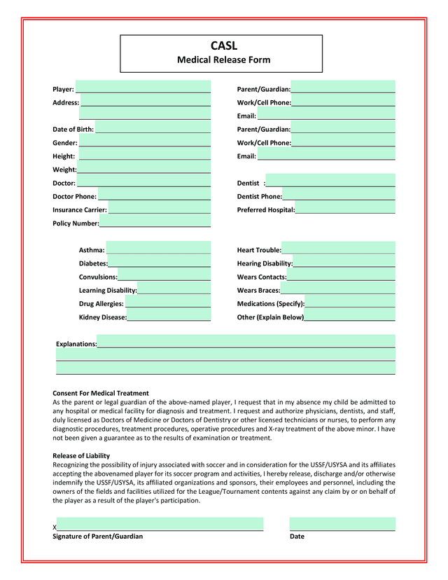 CASL Medical Release Form screenshot