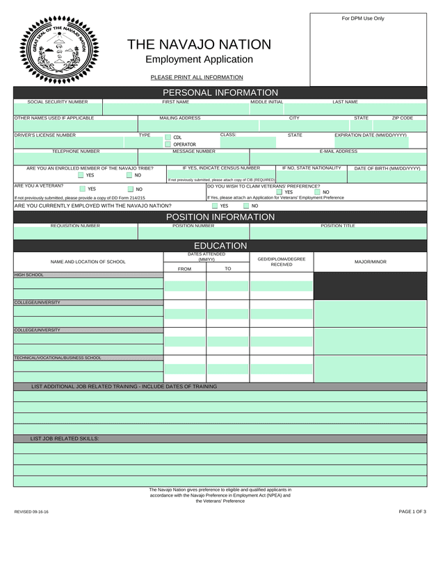 The Navajo Nation Employment Application screenshot