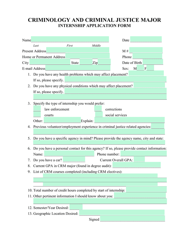 Criminology And Criminal Justice Major Internship Application Form screenshot