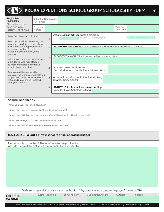 Kroka Expeditions School Group Scholarship Form screenshot