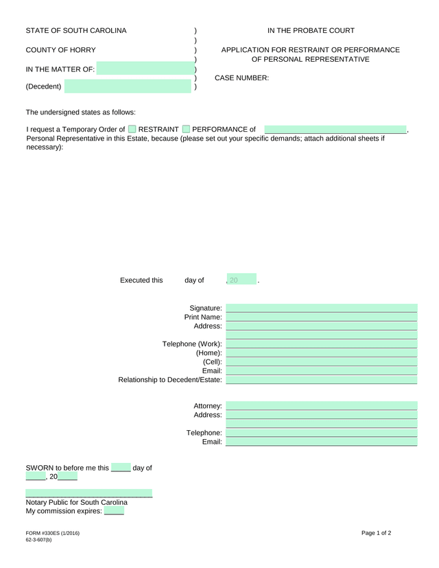 Application For Restraint Or Performance Of Personal Representative screenshot
