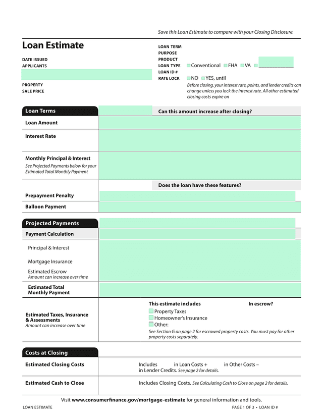 Loan Estimate Form screenshot
