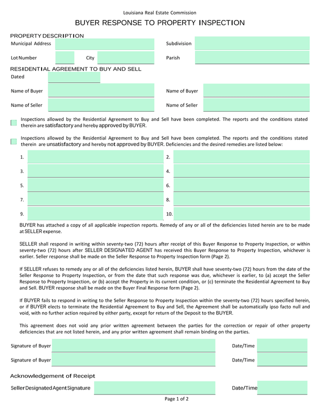 Buyer Response To Property Inspection screenshot