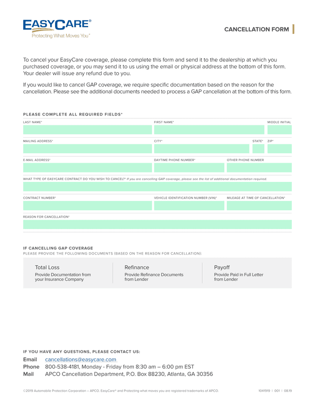 EasyCare Cancellation Form screenshot