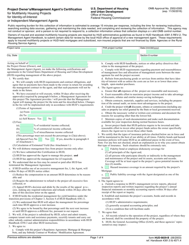 HUD 9839 B Project OwnerSManagement AgentS Certification For Multifamily Housing Projects screenshot