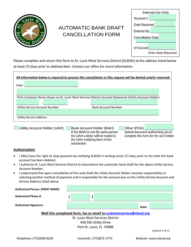 Automatic Bank Draft Cancellation Form screenshot