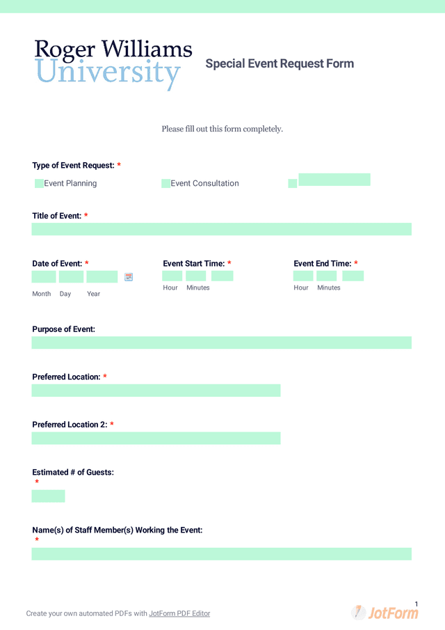 Special Event Request Form screenshot