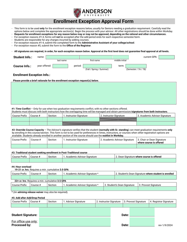 Enrollment Exception Approval Form screenshot