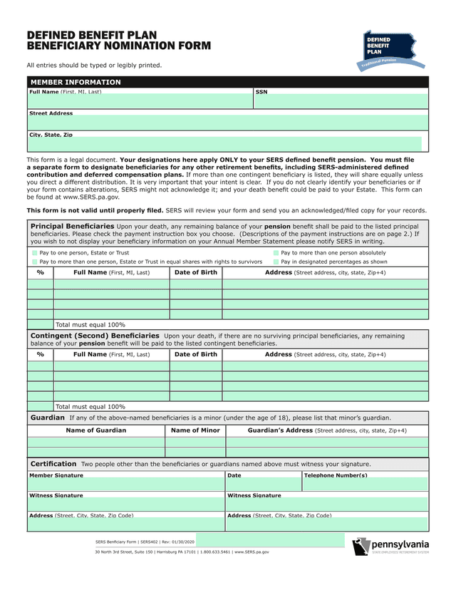 DEFINED BENEFIT PLAN BENEFICIARY NOMINATION FORM screenshot