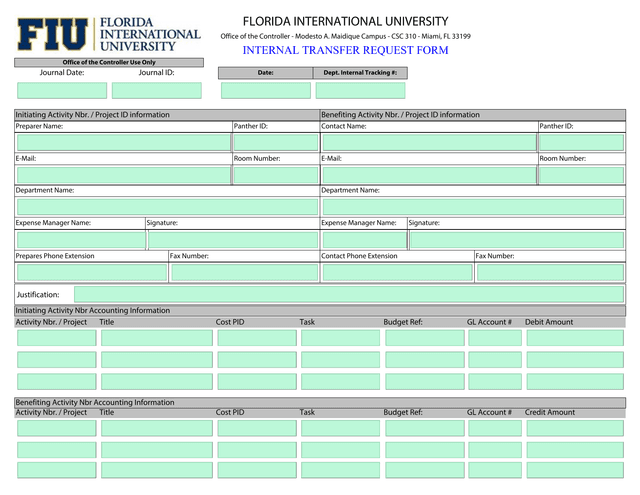 INTERNAL TRANSFER REQUEST FORM screenshot