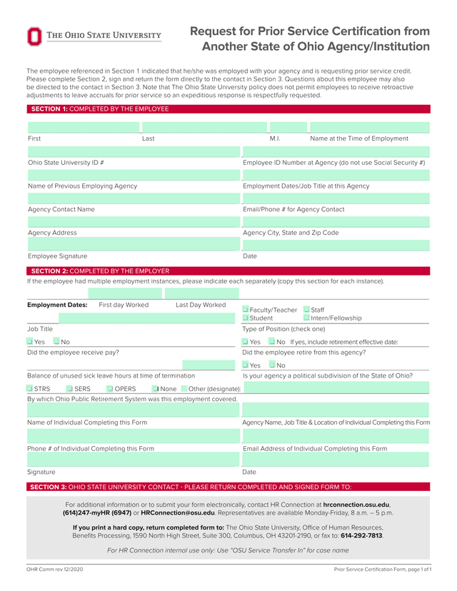 Prior Service Certification Form screenshot