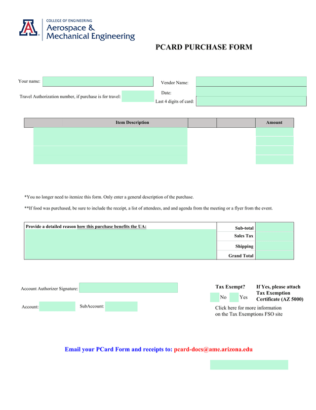 PCARD PURCHASE FORM screenshot