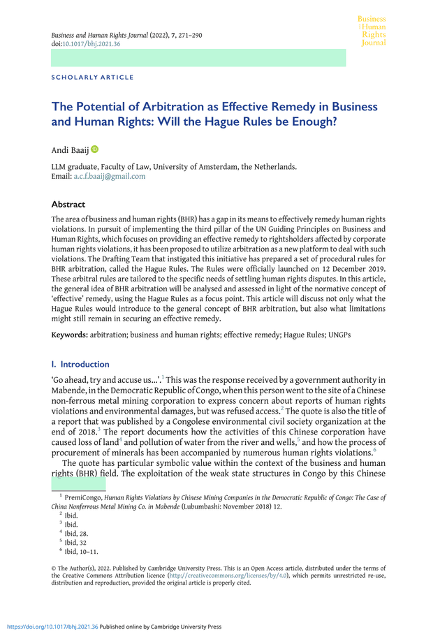 The Potential Of Arbitration As Effective Remedy In Business And Human Rights Will The Hague Rules B screenshot