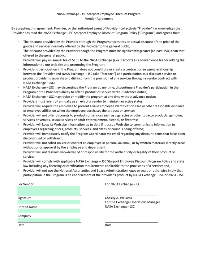 NASA Exchange   JSC Starport Employee Discount Program Vendor Agreement screenshot