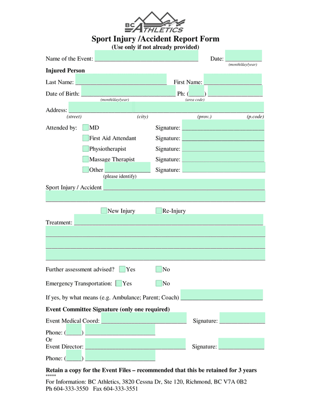 Sport Injury Accident Report Form screenshot