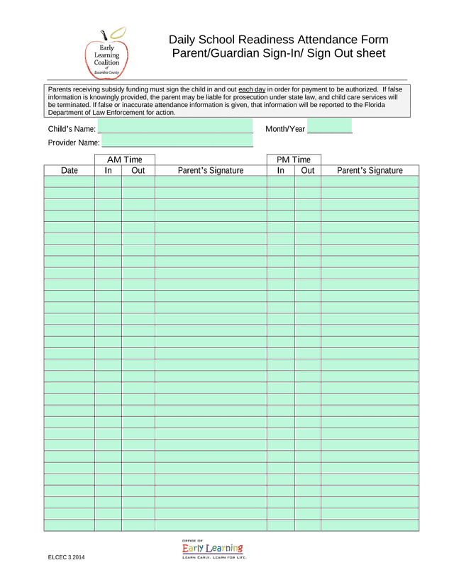 Daily School Readiness Attendance Form screenshot