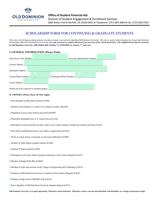Scholarship Form For Continuing  Graduate Students screenshot