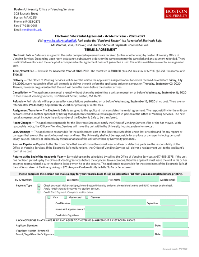 Electronic Safe Rental Agreement  Academic Year  2020 2021 screenshot