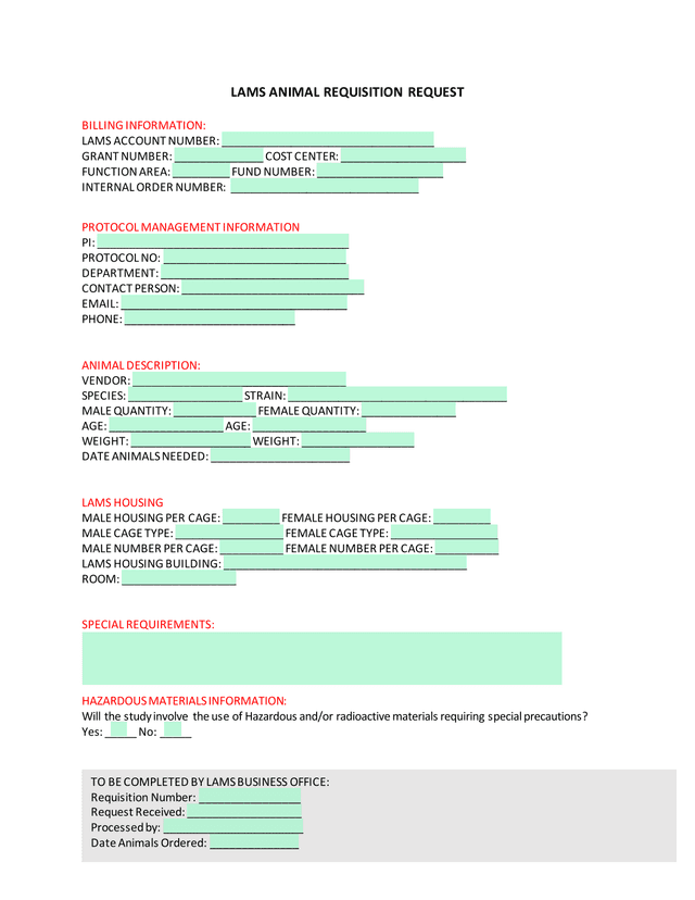 LAMS Animal Requisition Request screenshot