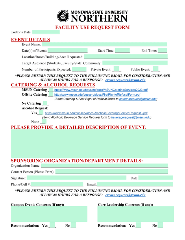 Facility Use Request Form screenshot