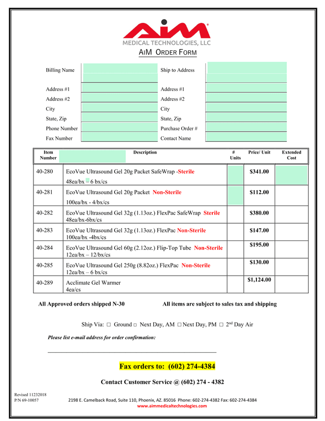 AIM Order Form screenshot