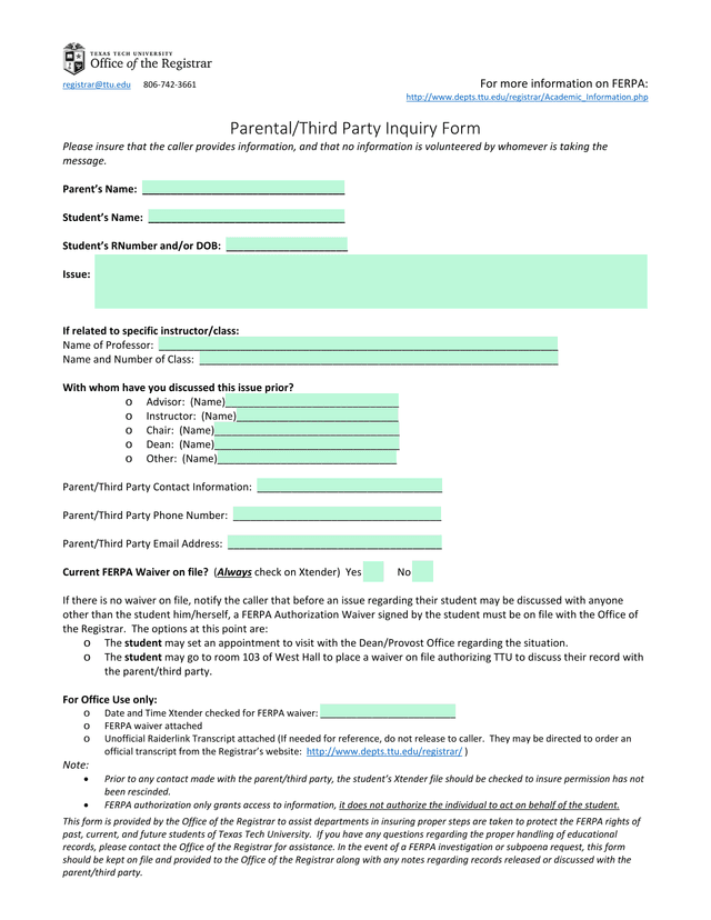 ParentalThird Party Inquiry Form screenshot