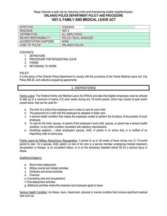 Policy And Procedure 1607.5, Family And Medical Leave Act screenshot