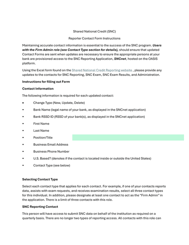 Shared National Credit (SNC) Reporter Contact Form Instructions screenshot
