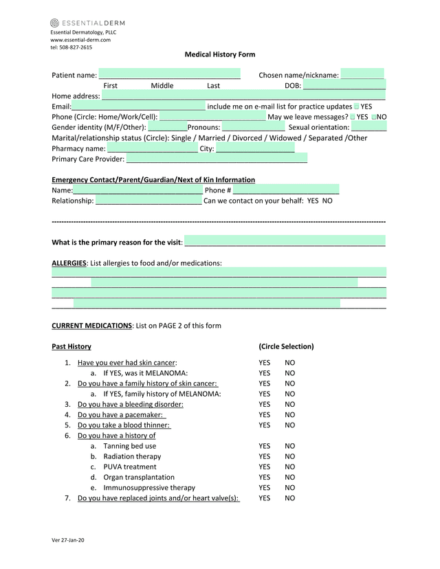 Medical History Form screenshot